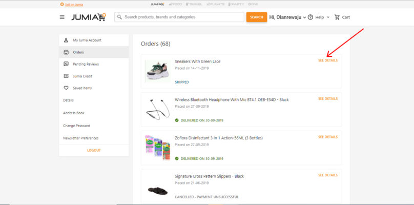 go to your order on jumia